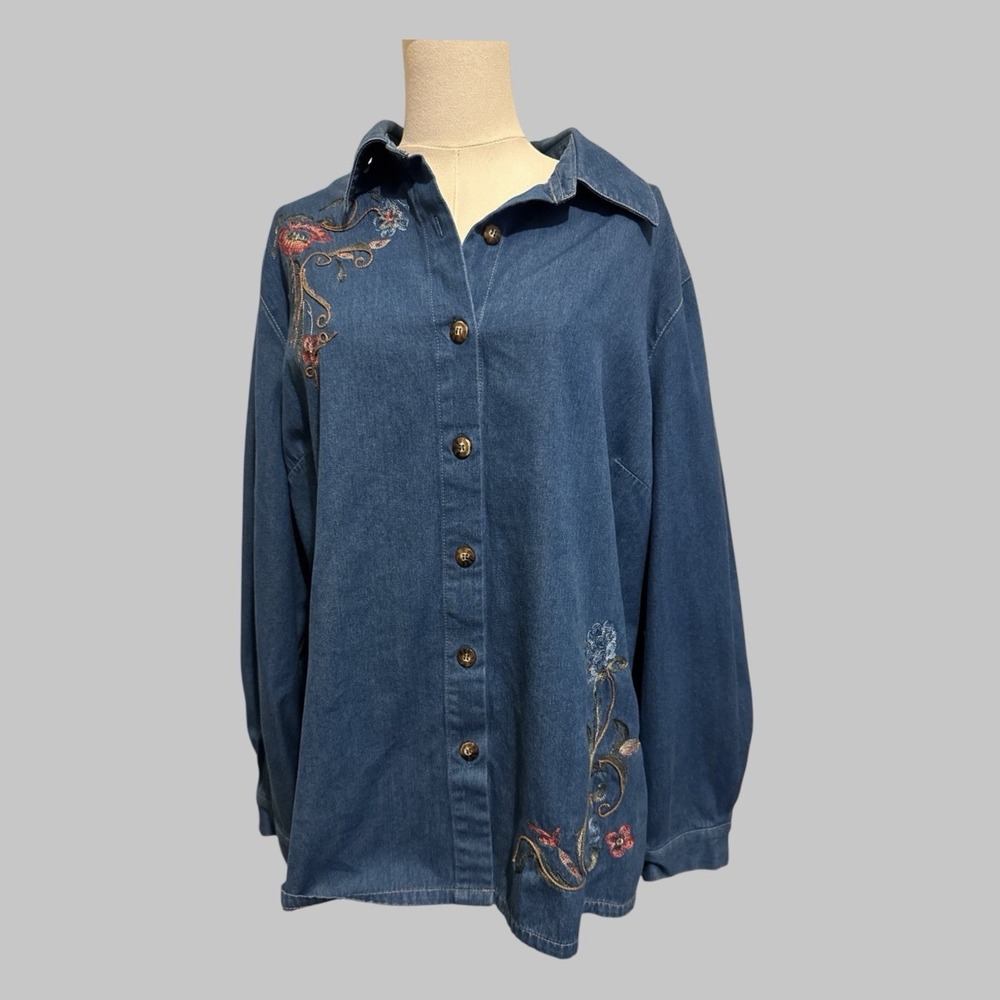 Vintage Koret 90s Denim Floral Embroidered Cottagecore Button Up Western Top 20W - Picture 9 of 10